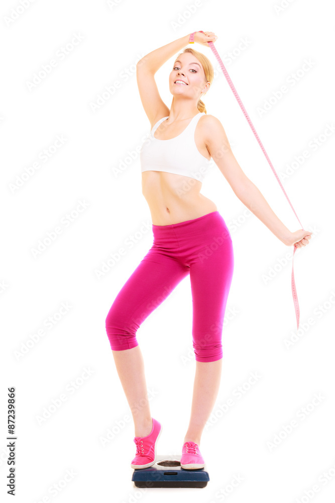 Happy woman on weighing scale. Diet weight loss. Happy woman on weighing scale. Diet weight loss.