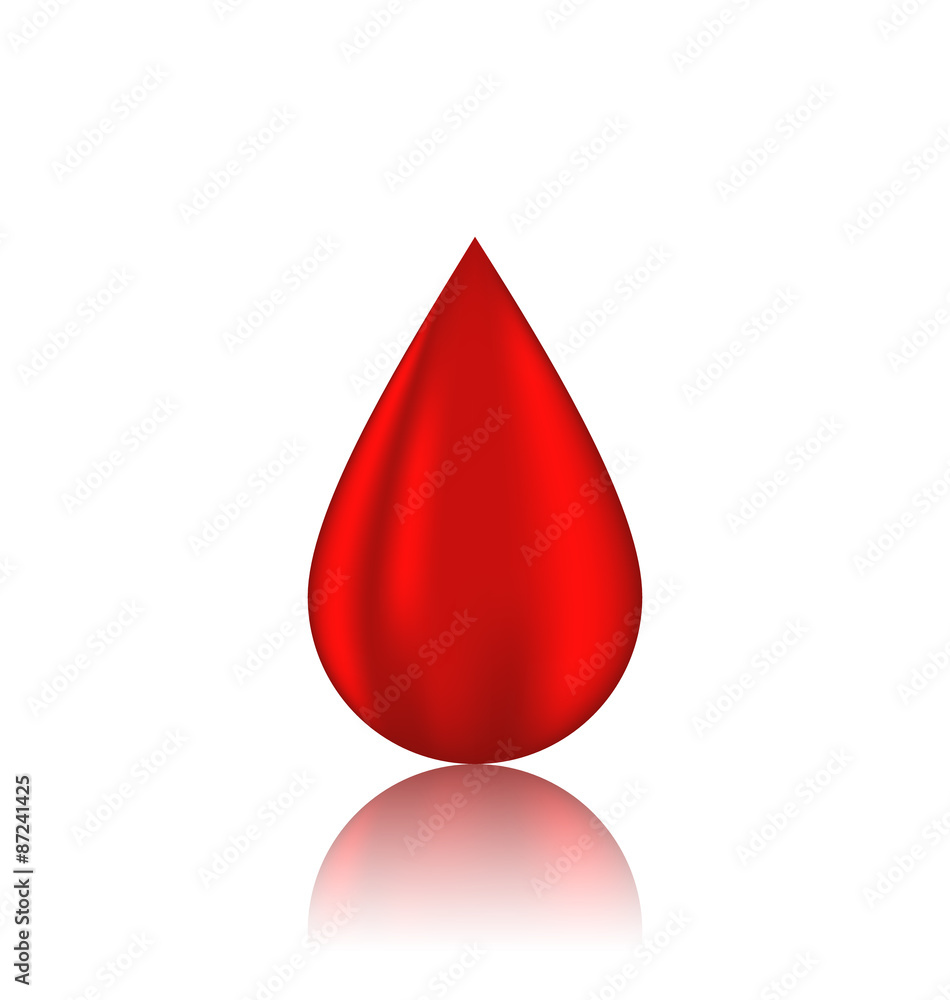 Fototapeta premium Red blood drop with reflection, isolated on white background