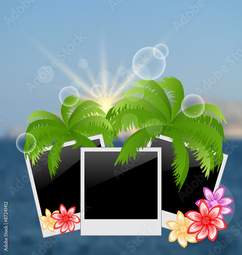 Set photo frame with palms, flowers, on blurred seascape backgro