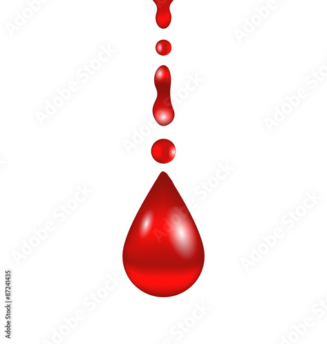 Stream of blood falling down, isolated on white background
