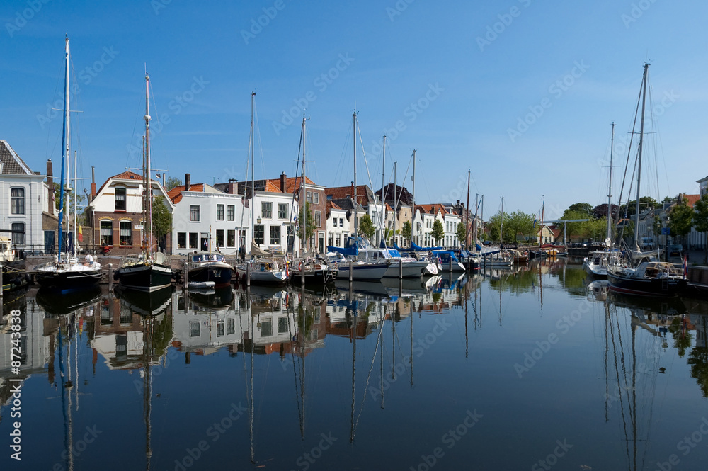 Boats in Goes city harbor, Netherlands