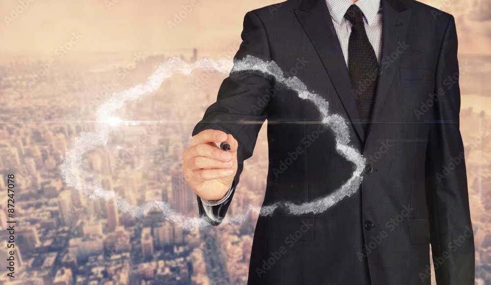 Businessman sketching cloud with copyspace with nice business city background in retro colors. Businessman sketching cloud with copyspace with nice business city background in retro colors.