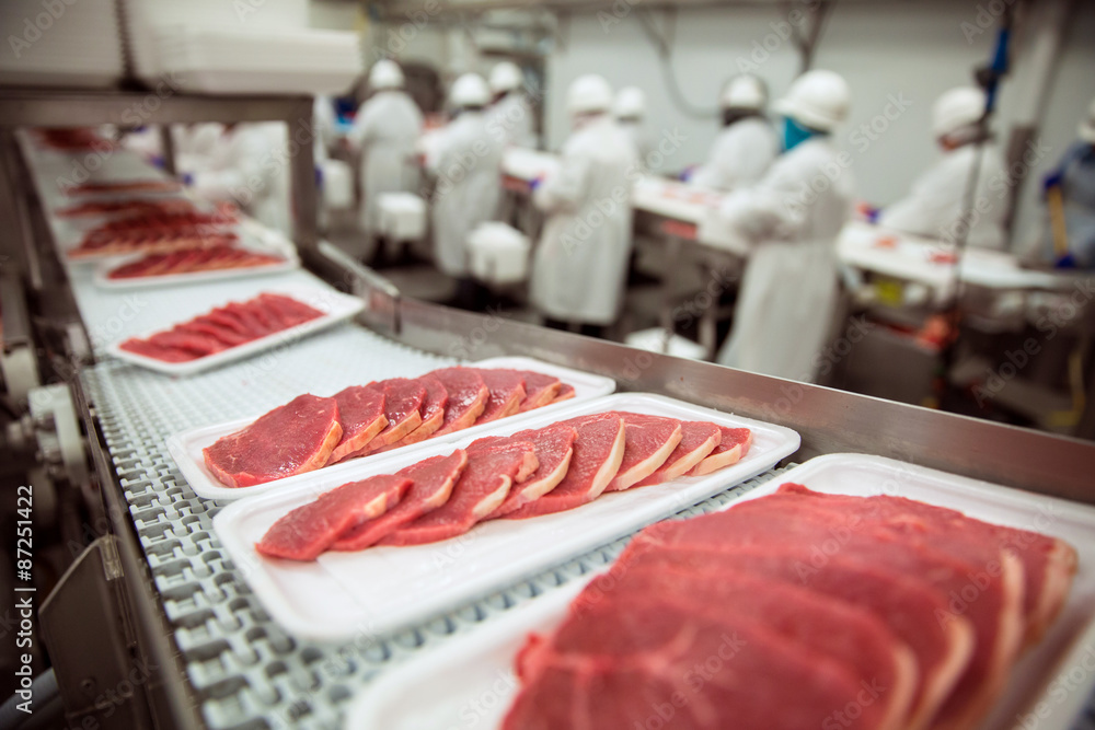 Pork chops at handling factory packaging plant raw organic - obrazy, fototapety, plakaty 