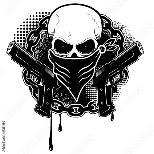 skull and two pistols with grunge background.Design element in vector