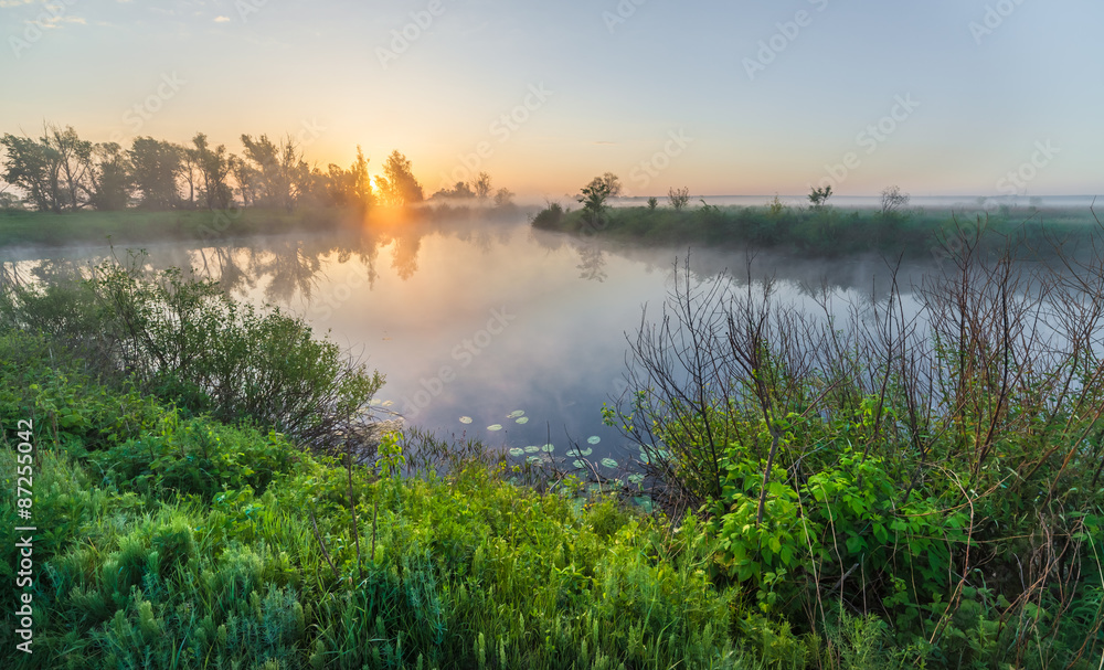 Naklejka premium Colourful sunset on the river