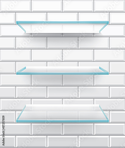 Bathroom glass shelves on white brick tiles, vector