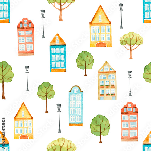 Watercolor seamless pattern, houses, trees, lights.