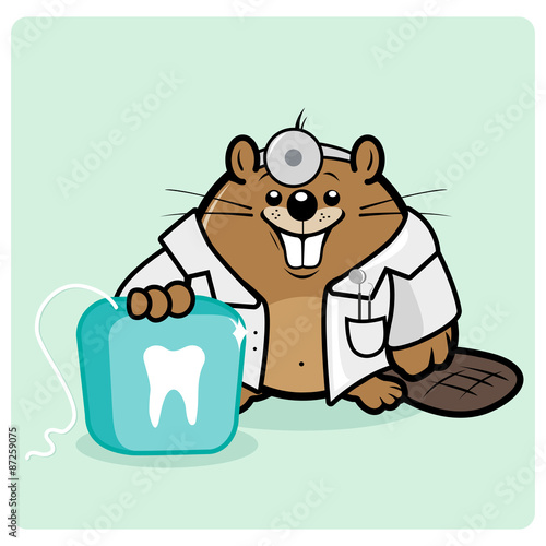 Cartoon beaver dentist holding a dental floss. Vector illustration
