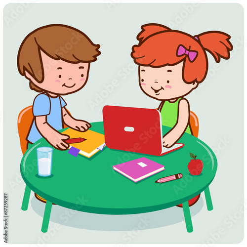Children students doing their homework. Vector illustration