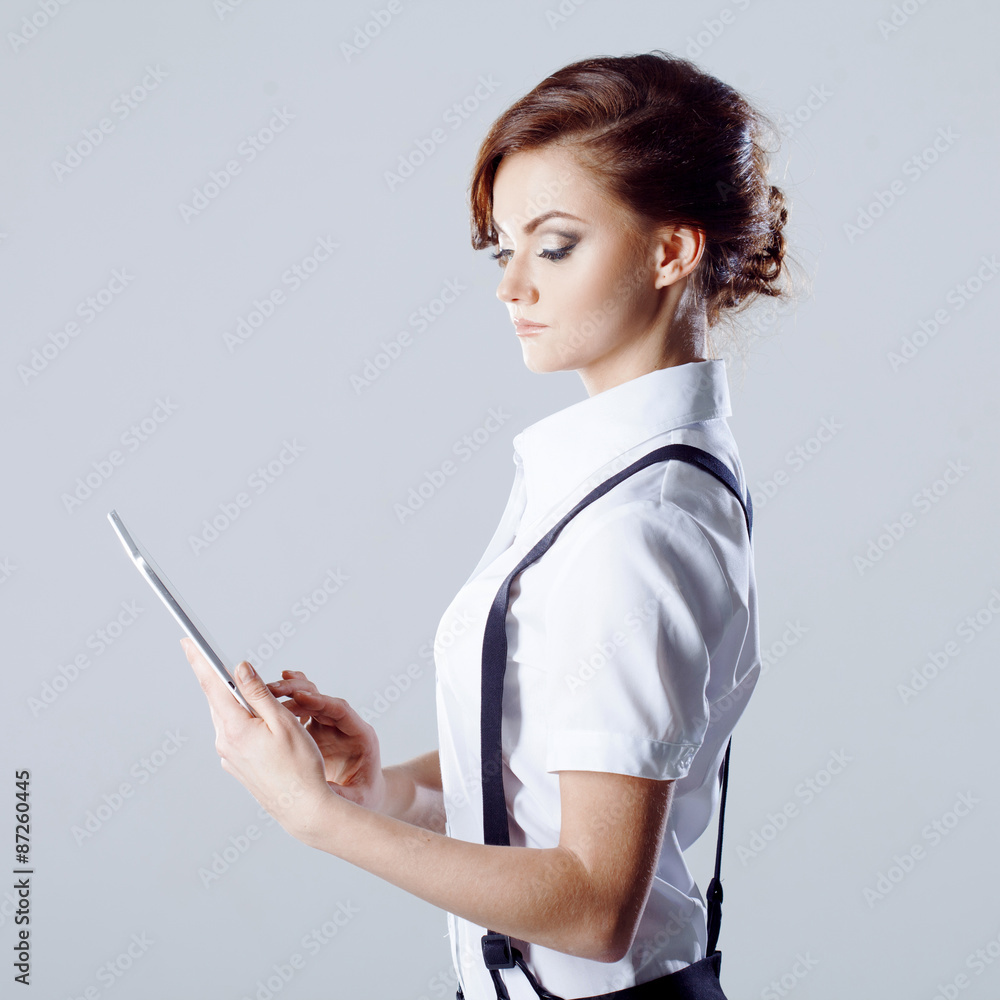 Successful business woman, on white background, with laptop in Successful business woman, on white background, with laptop in