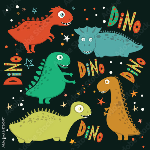 Set of funny cartoon dinosaurs.