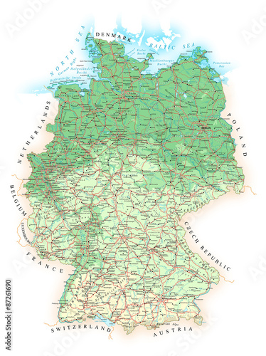 Germany - detailed topographic map - illustration.Map contains topographic contours, country and land names, cities, water objects, flag.
- roads
- railways 
