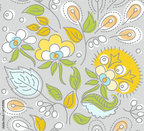 Seamless gray pattern, yellow flowers, white berries. 