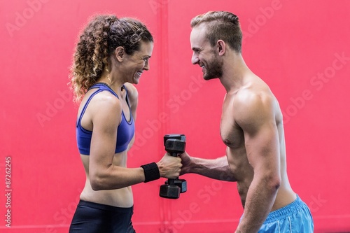 Laughing muscular couple lifting dumbbells