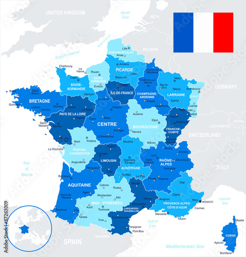 France map and flag. Highly detailed vector illustration. Image contains land contours, country and land names, city names, water object names, flag.