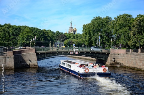View of The First Engineer bridge,The Church of the Savior on Blood and the waterbus