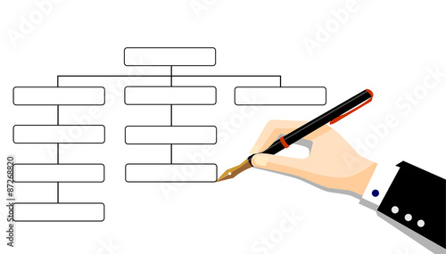 The hand draws an diagram on a white sheet of paper