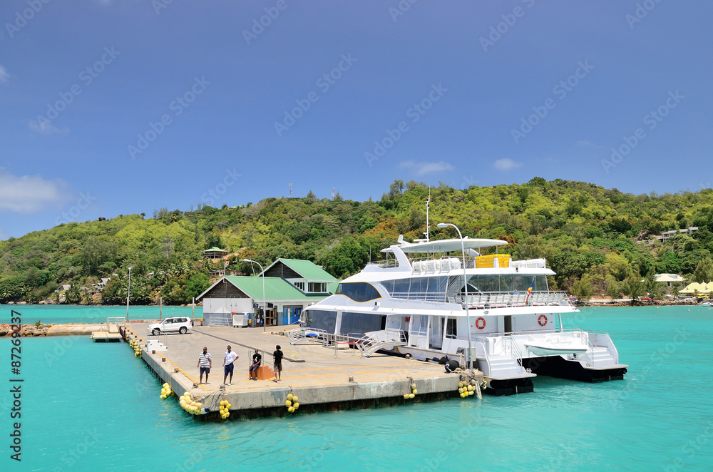 Catamaran boat in the port of Seychelles Catamaran boat in the port of Seychelles