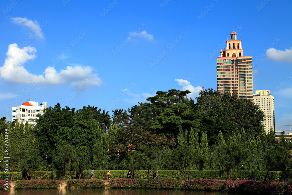 Cityscape view of modern buildings at Benjakitti garden at dusk Cityscape view of modern buildings at Benjakitti garden at dusk