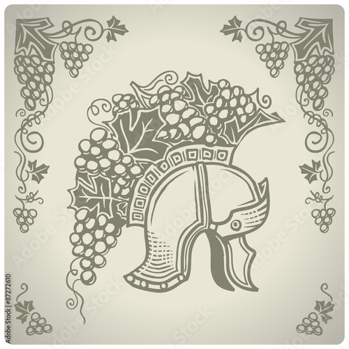 Vector decorative ornament with wine grapes and ancient helmet