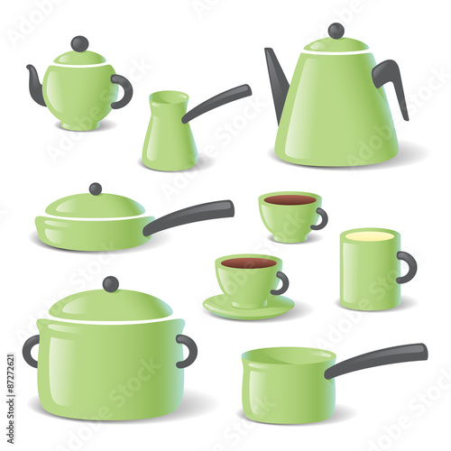 Green kitchen stuff tableware vector set