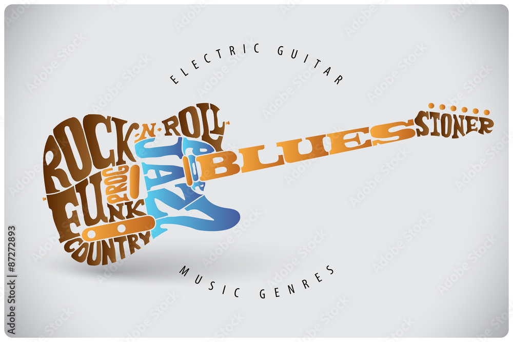 Music genres written in shape of electric guitar Stock Vector | Adobe Stock