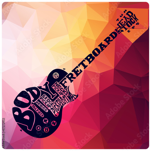 Vector electric guitar graphic parts scheme made of letters on modern triangle background