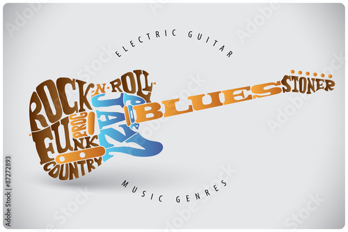 Music genres written in shape of electric guitar
