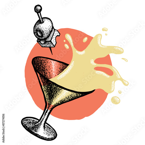 Vector vermouth glass with splash, olive and cheese on stick