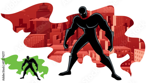 Superhero Abstract 2 / Abstract illustration of superhero and city. No transparency used. Basic (linear) gradients. Version with green cape for custom double exposure included. 