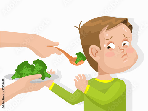 Child does not want to eat broccoli. Vector flat illustration