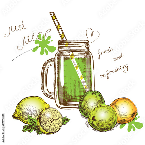 hand drawn juice and fruits