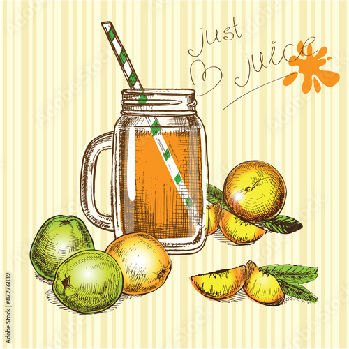 hand drawn jar juice and fruits