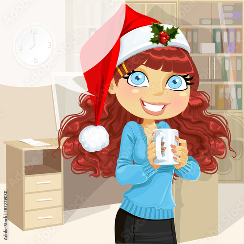 Business woman in Christmas morning office hold cup of hot drinc