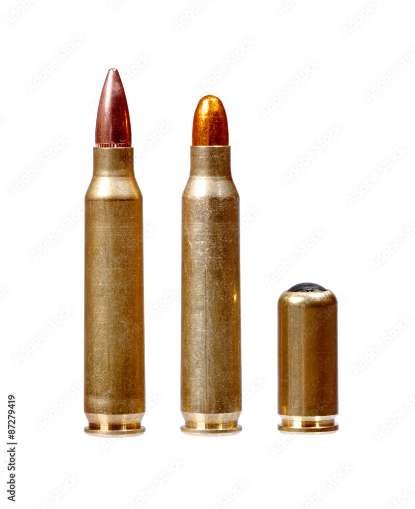 Different caliber bullets, on a white background. Different caliber bullets, on a white background.