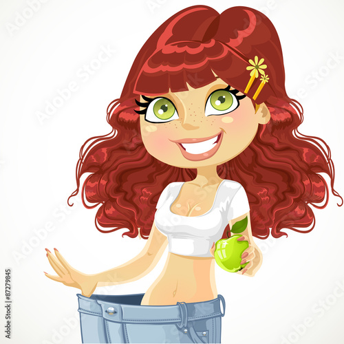 Girl shows on old jeans as she lost weight