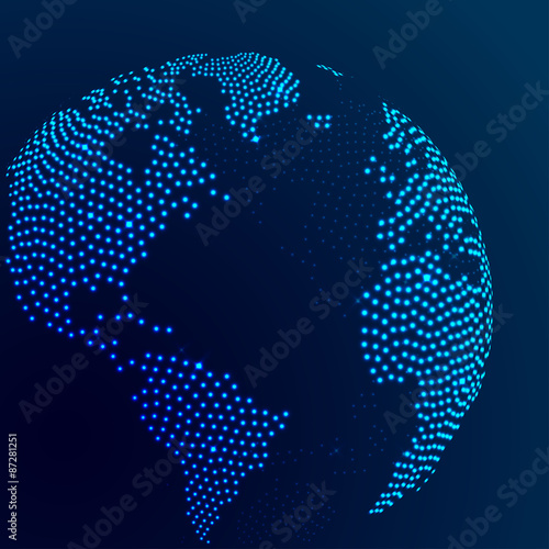Abstract dotted globe earth with blue shining glitter. Vector illustration