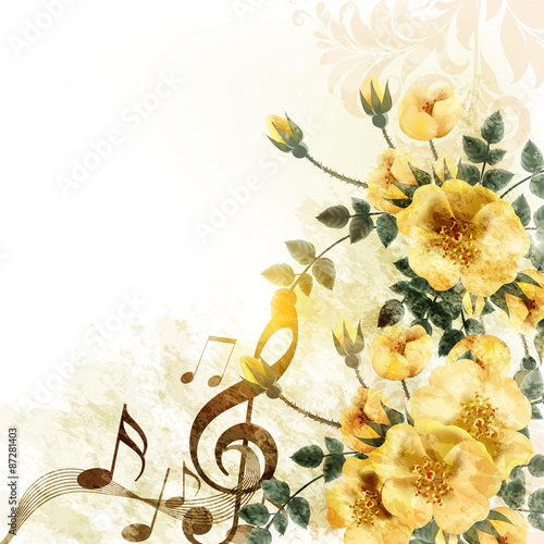 Romantic music background with yellow roses in vintage style