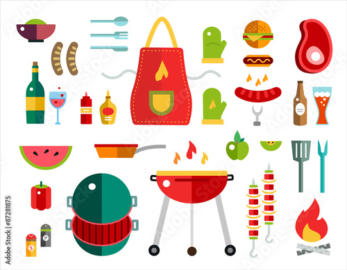 Barbecue and Food Icons Vector Objects set. Outdoor, Kitchen or