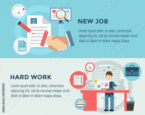 New Job after Hard Work infographic. Students, Stress, Clerk and