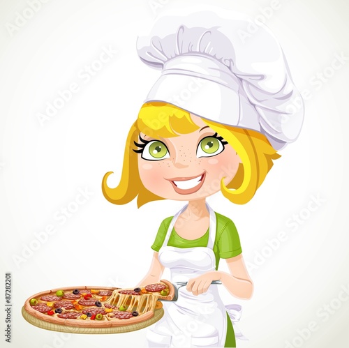 Cute girl chef offers a taste of pizza isolated on white background