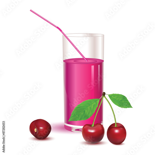 glass for juice from ripe red berries cherries with leaves isolated on a white background