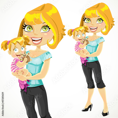 Pretty blonde mom withbaby girl in her arms