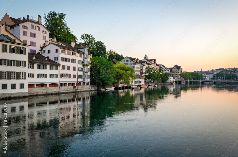 Zurich, old town and Limmat river at sunrise, Switzerland
