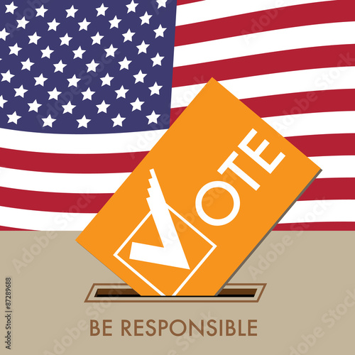 Card with Voting Symbols Vector Design on USA Flag Background