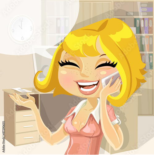 Cute girl on work talking and laughing on the phone