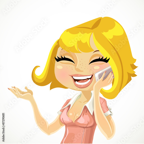 Cute girl talking on the phone and laughing isolated on white ba