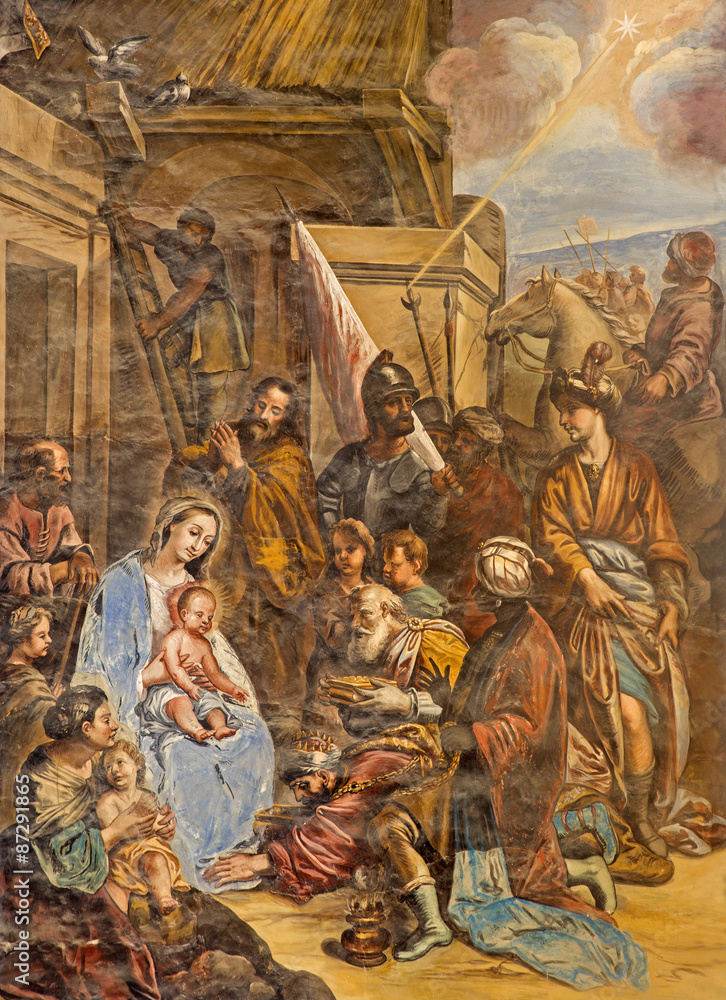 GRANADA, SPAIN - MAY 29, 2015: The Three Magi fresco in the church Monasterio de San Jeronimo by Juan de Medina from 18.cent.