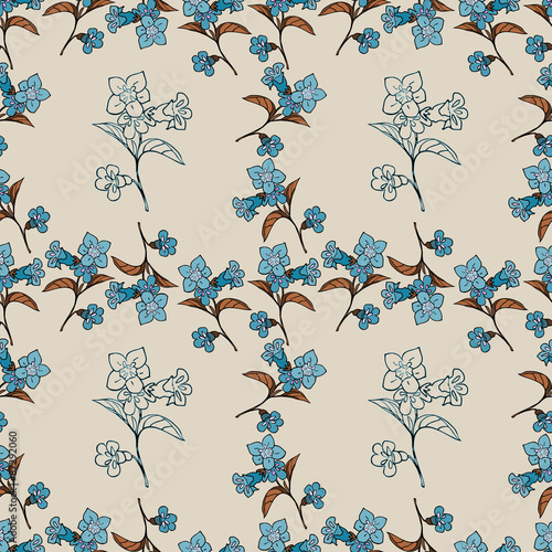 Floral seamless pattern with blue hand drawn flowers