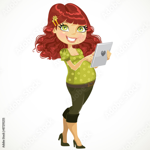 Young happy pregnant woman with tablet computer